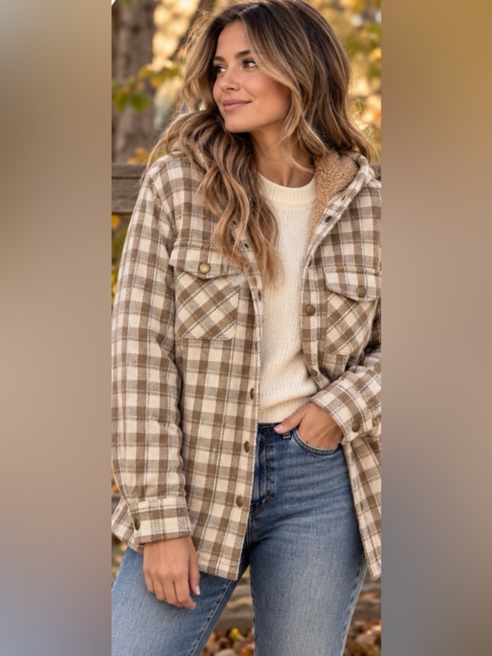 Plaid Sherpa Lined Hooded Shacket Jacket Brown Cream XS